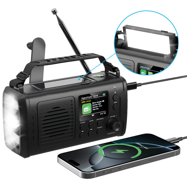 Nödradio med solpanel, vevgenerator och ficklampa