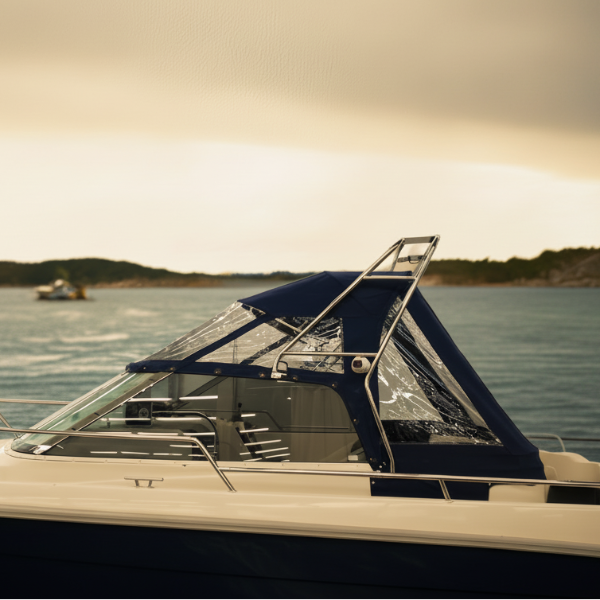 Aquador 25 WA båtkapell i mörkblå Sunbrella-duk. Kapellet täcker aktern på båten.