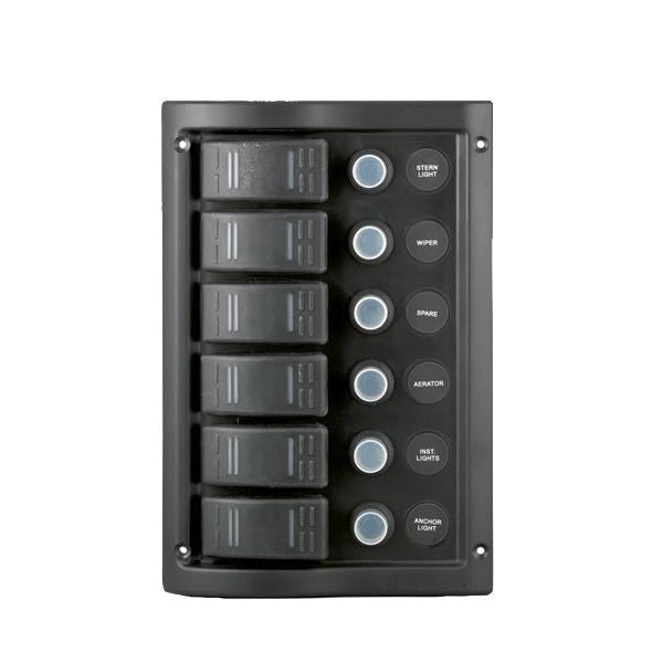 Elpanel stänktäta med automatsäkringar och 6 kontakter, 12V