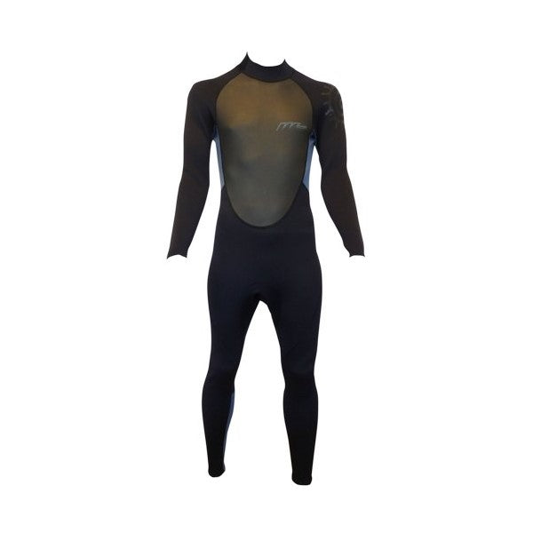 En lång svart steamer-våtdräkt för herrar, som visar Quadra flexneopren i axlar och ärmar, slitstark dubbelnylon i underkroppen, samt en bekväm Velcrokrage och en kraftig dragkedja.