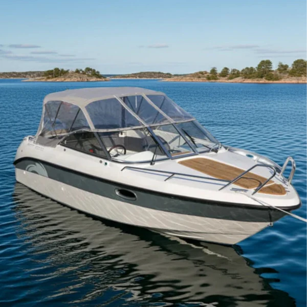 AMT boat with an original boat canopy, showing protection from the elements in a marine environment.