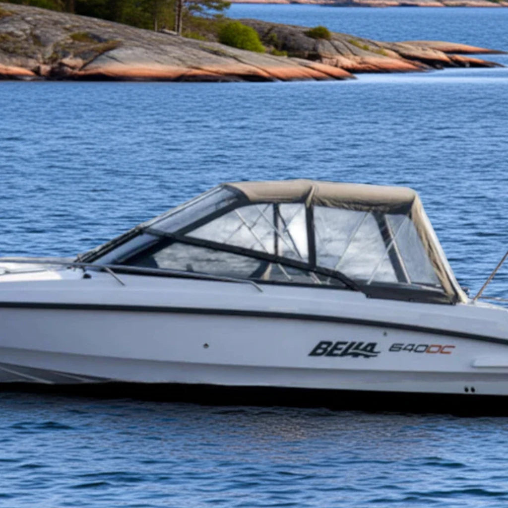 Bella boat with original canopy, symbolizing protection against the elements and an extended boating season.