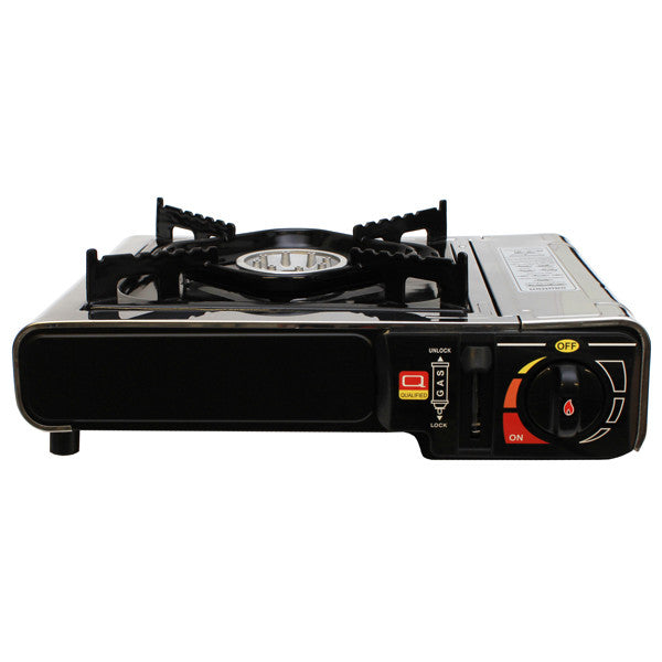 Portabel gasolhäll i rostfritt stål med stor flamspridare för jämn värmefördelning och steglös lågjustering. Den har breda kokkärlsstöd, piezotändning och levereras i en praktisk väska.